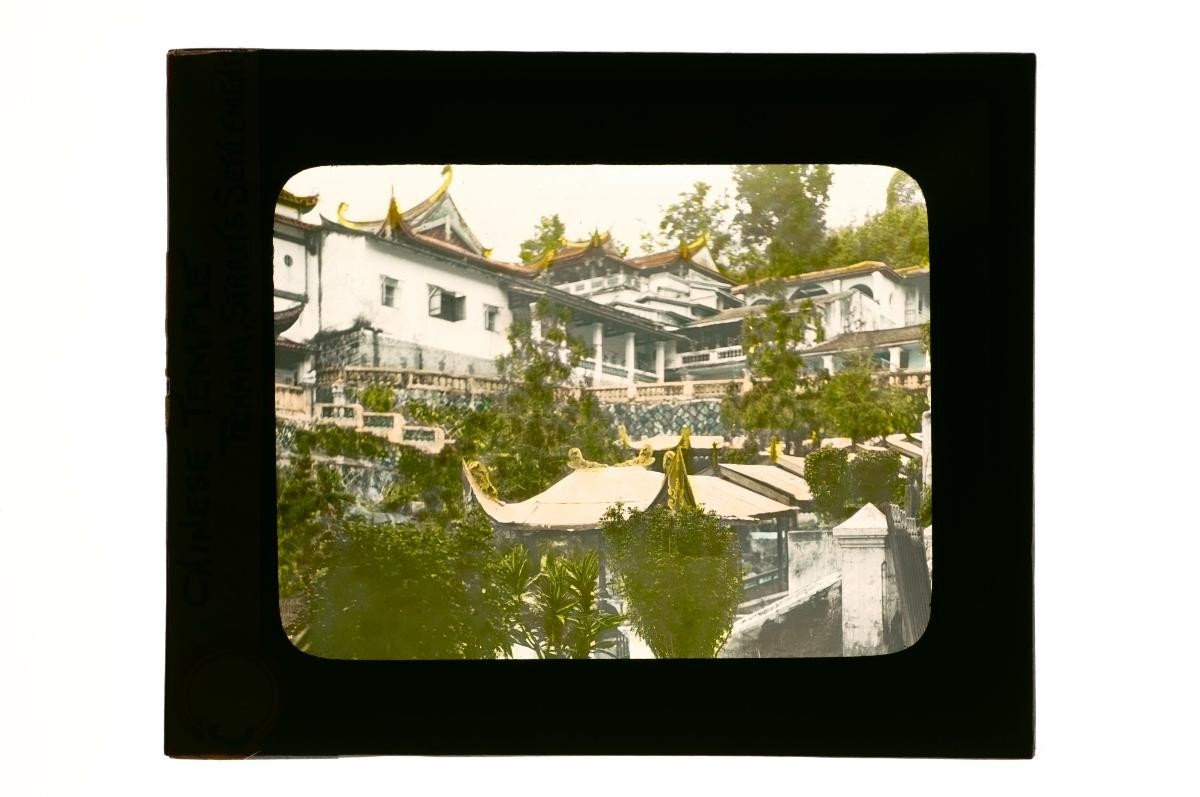 A glass lantern slide depicting a view of Siong Lim Temple