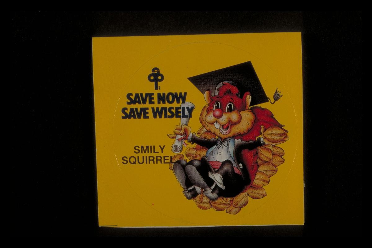 ‘Smiley Squirrel’ sticker with slogan, ‘Save now, save wisely’
