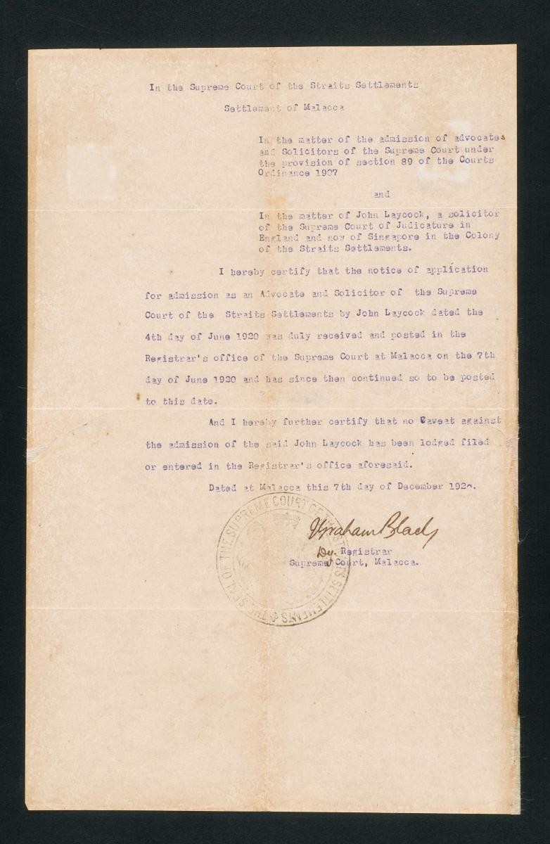 Registrar's certificate of the Supreme Court, Malacca for John Laycock
