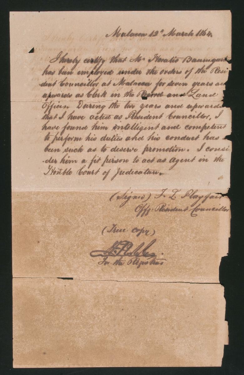 Testimonial for Horace Augustus Baumgarten from F.L. Playfair