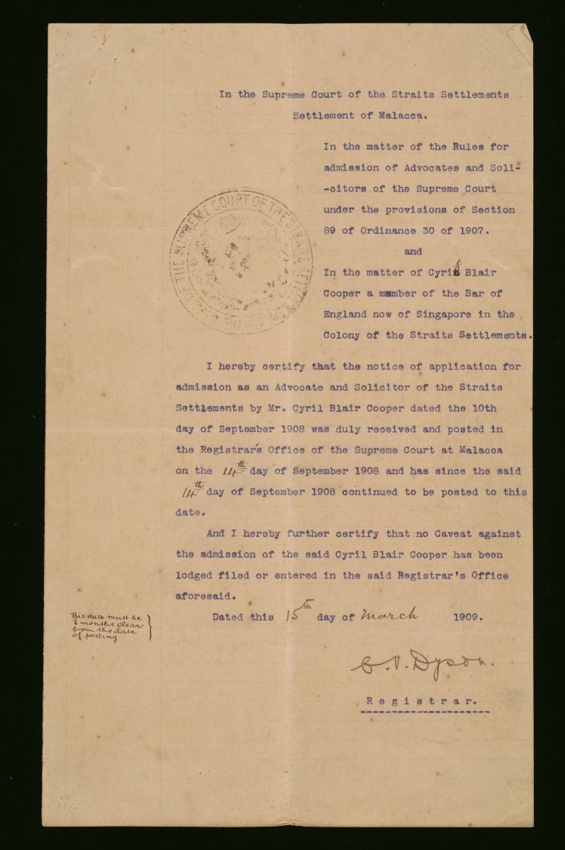 Registrar's certificate of the Supreme Court, Malacca for Cyril Blair Cooper