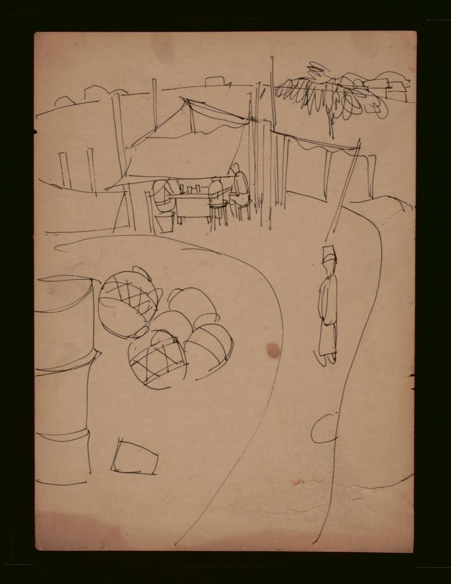 Untitled (Three People under Tent, One Person Walking along Road)