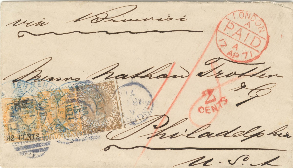 Cover sent to Philadelphia on 1871, 15 May, with 32-cent surcharge on Queen Victoria 1-anna yellow stamp, 2-cent brown stamp and 8-cent orange stamp.