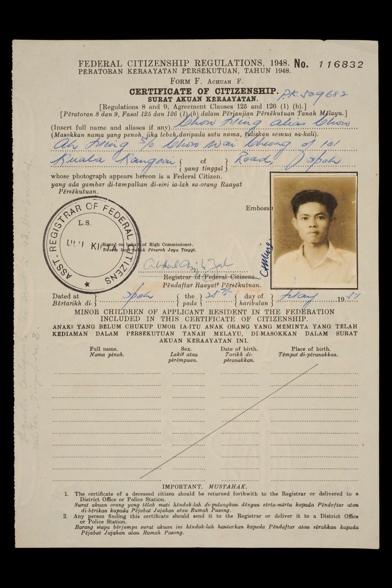 Federal Certificate of Citizenship belonging to Chow Ah Ming