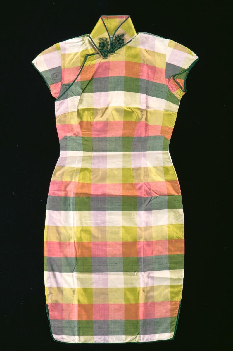 A multi-coloured chequered cheongsam