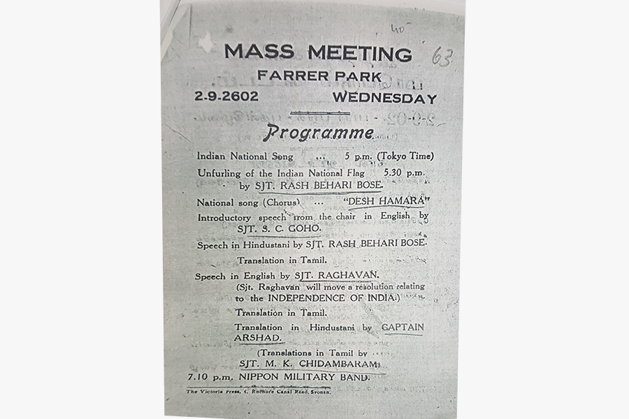 <a href="/assets/bd0950a1-7f7b-4b26-b073-0633d0f2ce32/9-racecourse-3-20160722154239.jpg"><strong>The programme for a mass meeting at Farrer Park, Syonan (Singapore)</strong></a><br>
2 September 2602 (1942), Singapore<br>
<em>Courtesy of National Archives of India, Government of India</em>