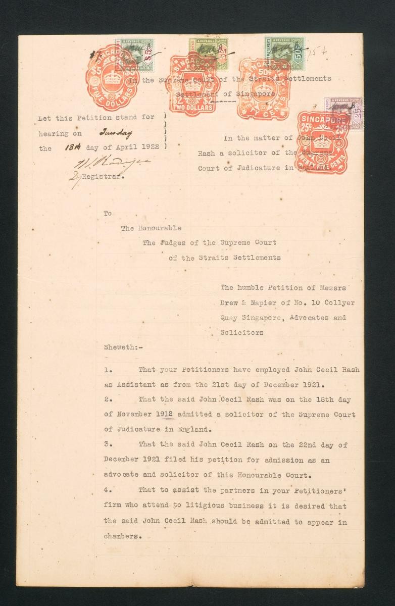 Petition of Messrs Drew and Napier of No. 10 Collyer Quay, Singapore