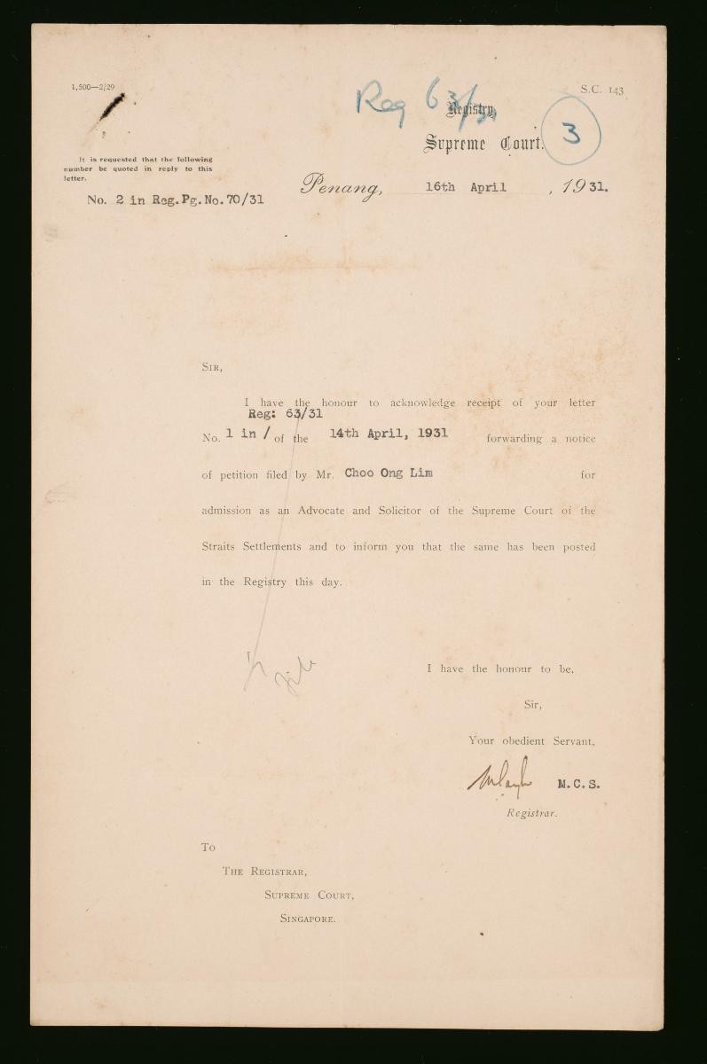 Letter from the Registrar of the Supreme Court, Penang to the Registrar of the Supreme Court, Singapore