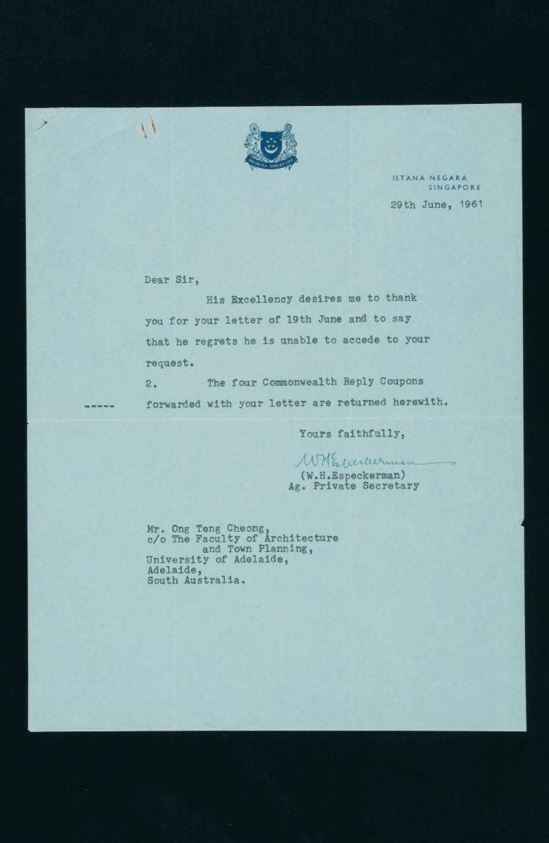 Letter to Mr. Ong Teng Cheong from the Istana Negara