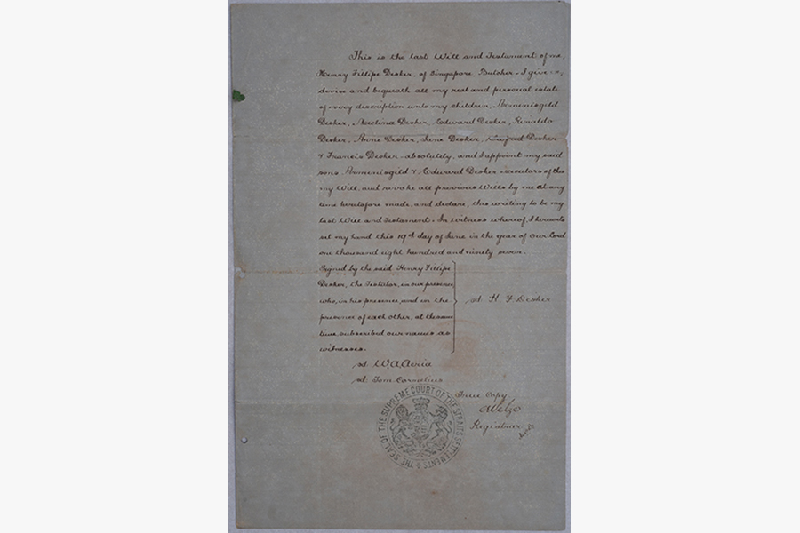 <a href="/assets/10531024-b153-44fe-bec1-aedf7921cc26/2-dsc9460.jpg"><strong>An Indenture Notice mentioning the business address of Henry Felipe Desker</strong></a><br>
25 July 1908, Singapore<br>
<em>Collection of Ambassador Barry Desker</em>