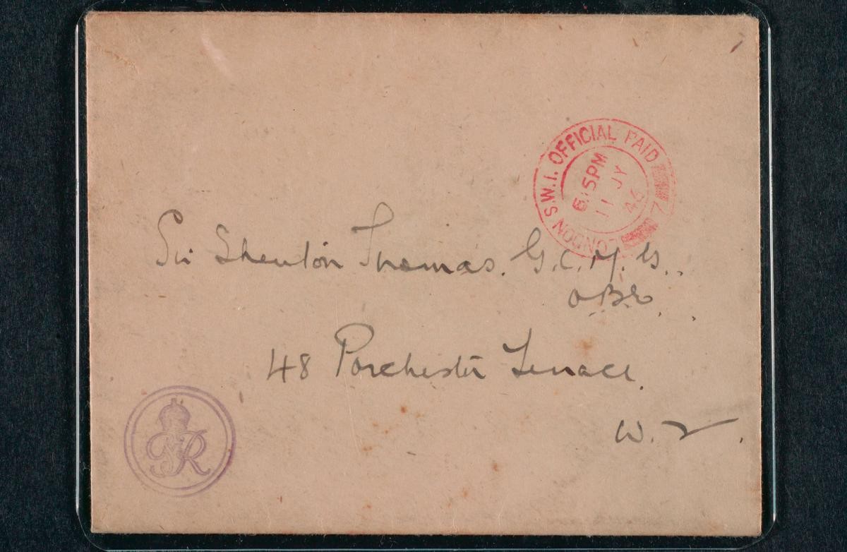 Envelope addressed to Sir Shenton Thomas