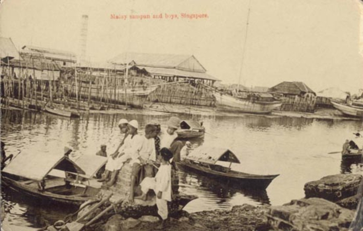 Malay sampan and boys, Singapore.