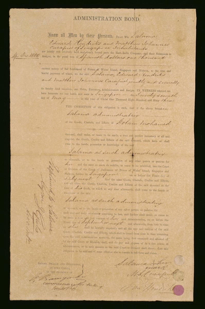 Administration bond of Salamah, Edward Hendricks, Matthew Johannes Carapit