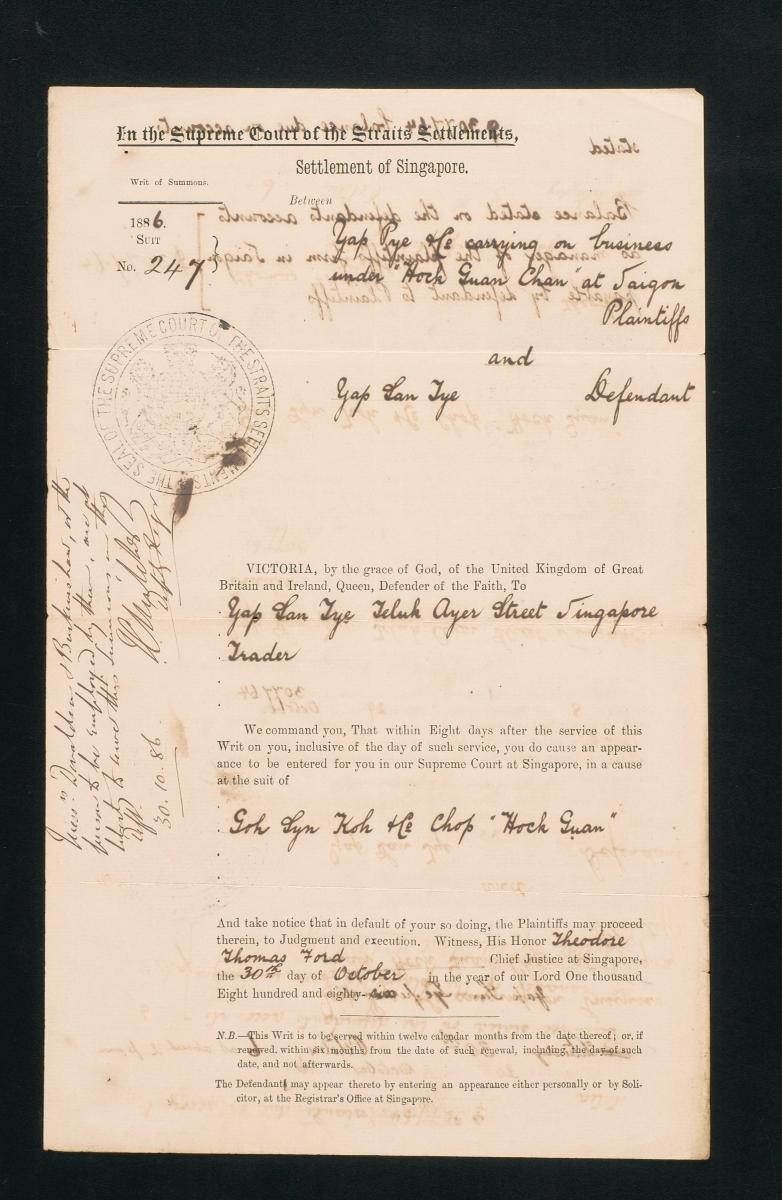 Writ of Summons issued to Yap San Tye