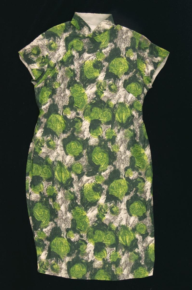 Floral silk cheongsam with green flowers all over