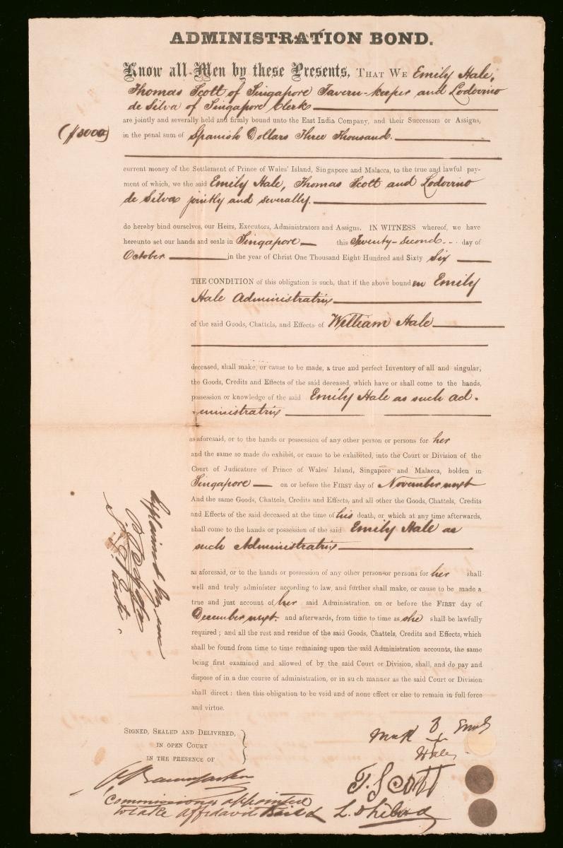 Administration bond of Emily Hale, Thomas Scott, and Lodovino da Silva