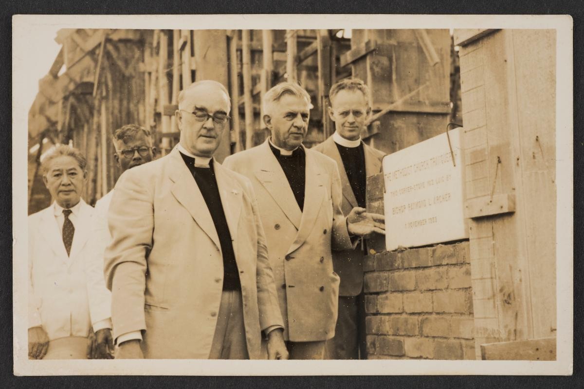 Photograph of Low Kway Song with three reverends