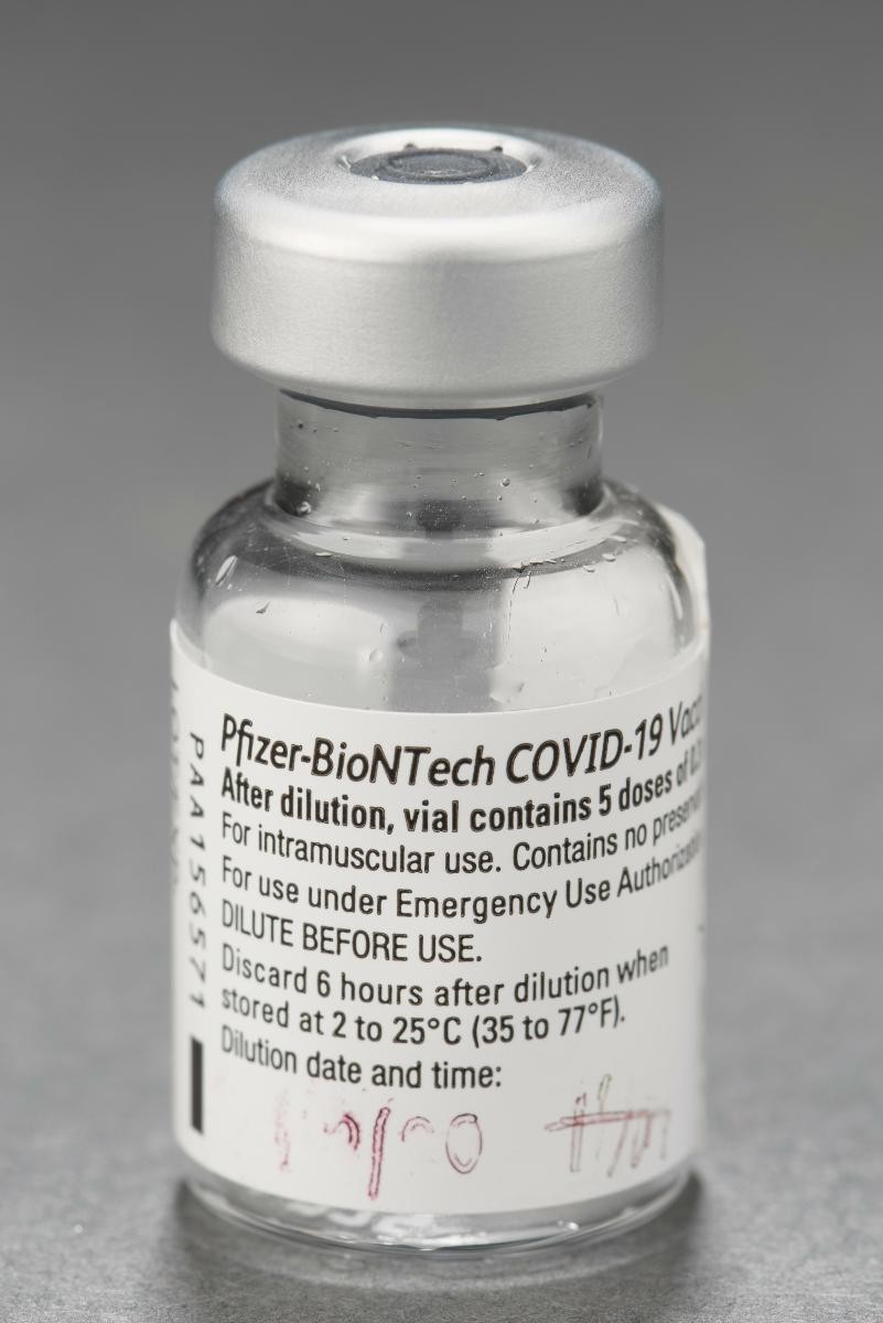 Vial previously containing the Pfizer-BioNTech COVID-19 vaccine administered on the first Singaporean recipient