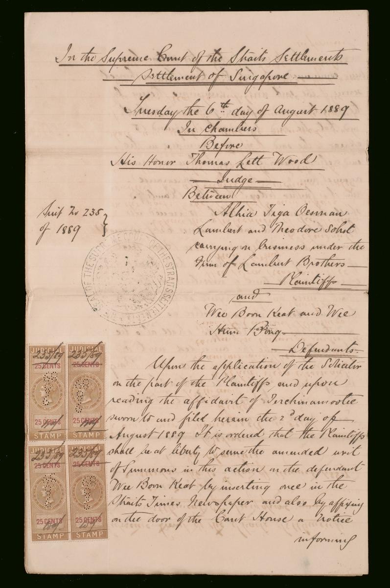 Document concerning the suit between Alhia Tiga Oosman Lambert, Theodore Sohst, Wee Boon Keat and Wee Hum Bong