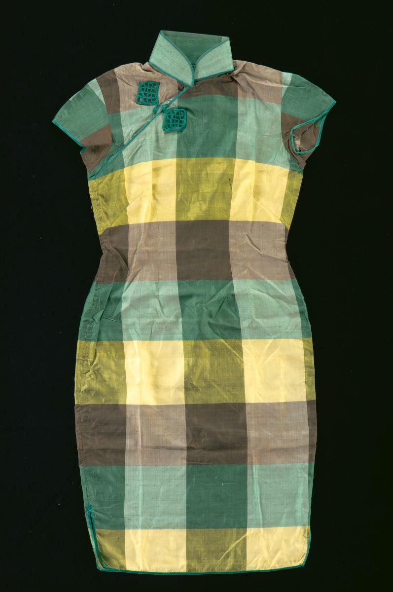 A green and brown chequered cheongsam