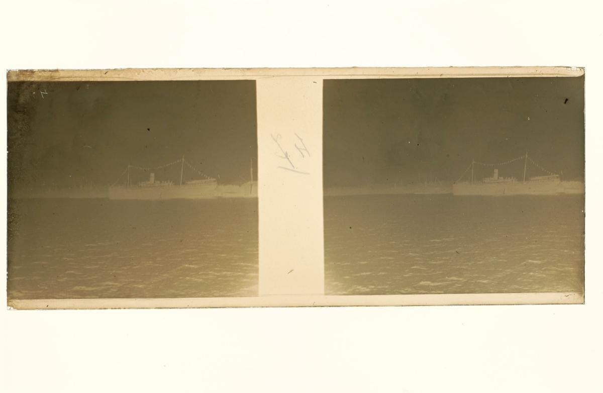Glass stereoscopic negative showing a steamship
