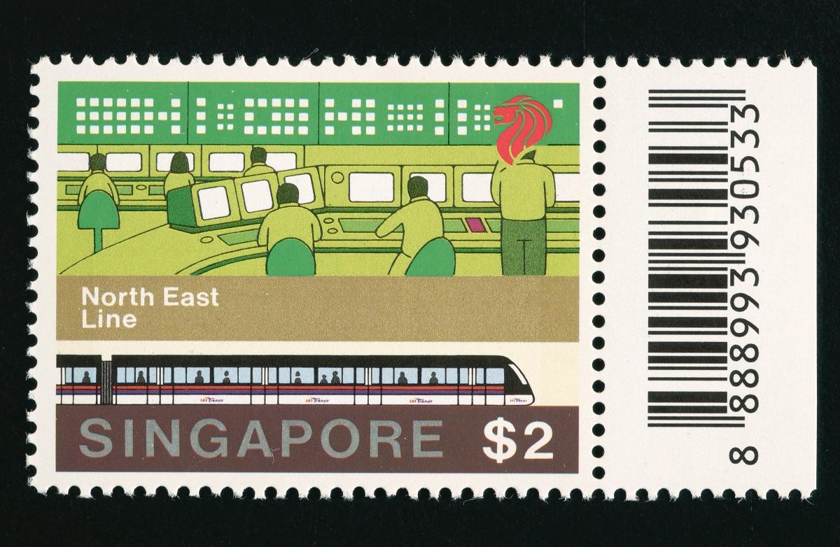 Stamp of two-dollar denomination from first day cover commemorating the opening of the MRT North East Line