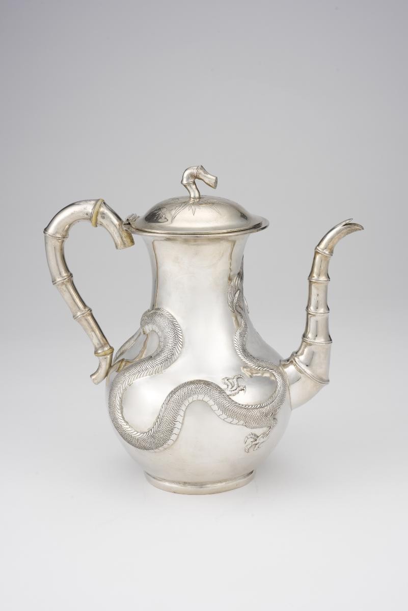 Chinese export silver coffee pot with dragon motif