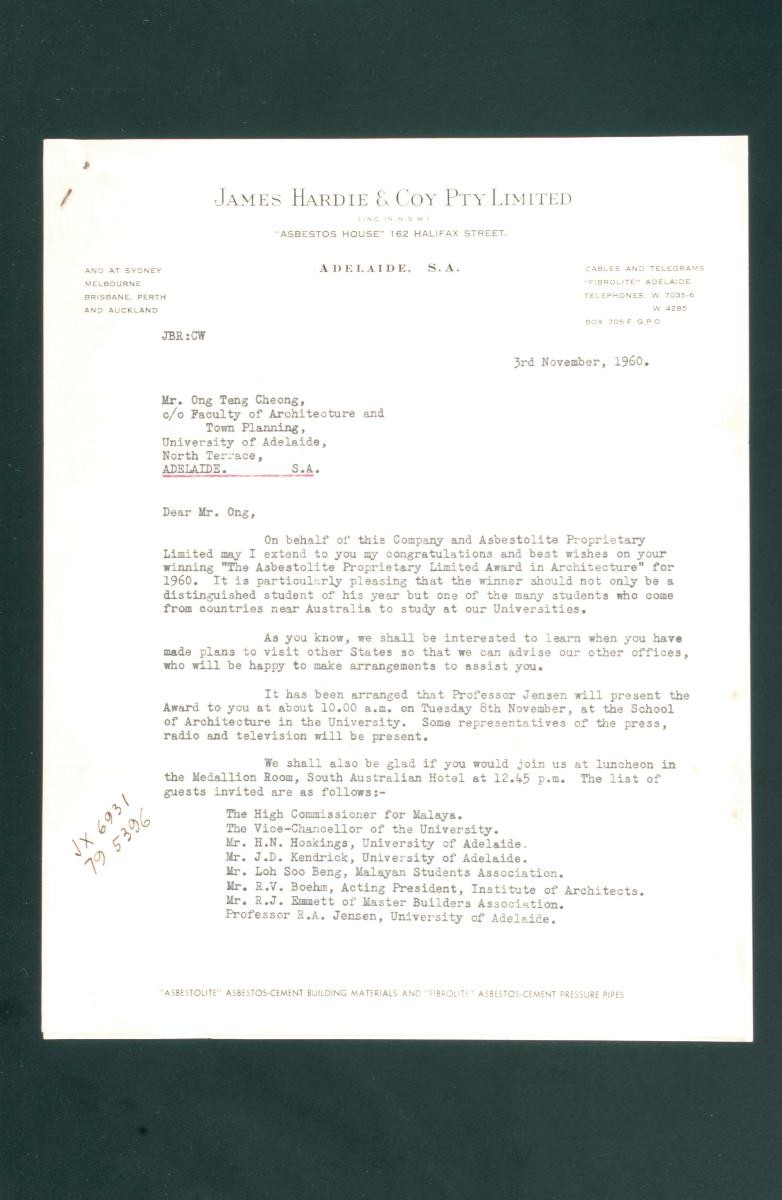 Letter to Mr. Ong Teng Cheong from James Hardie & Company Proprietary Limited