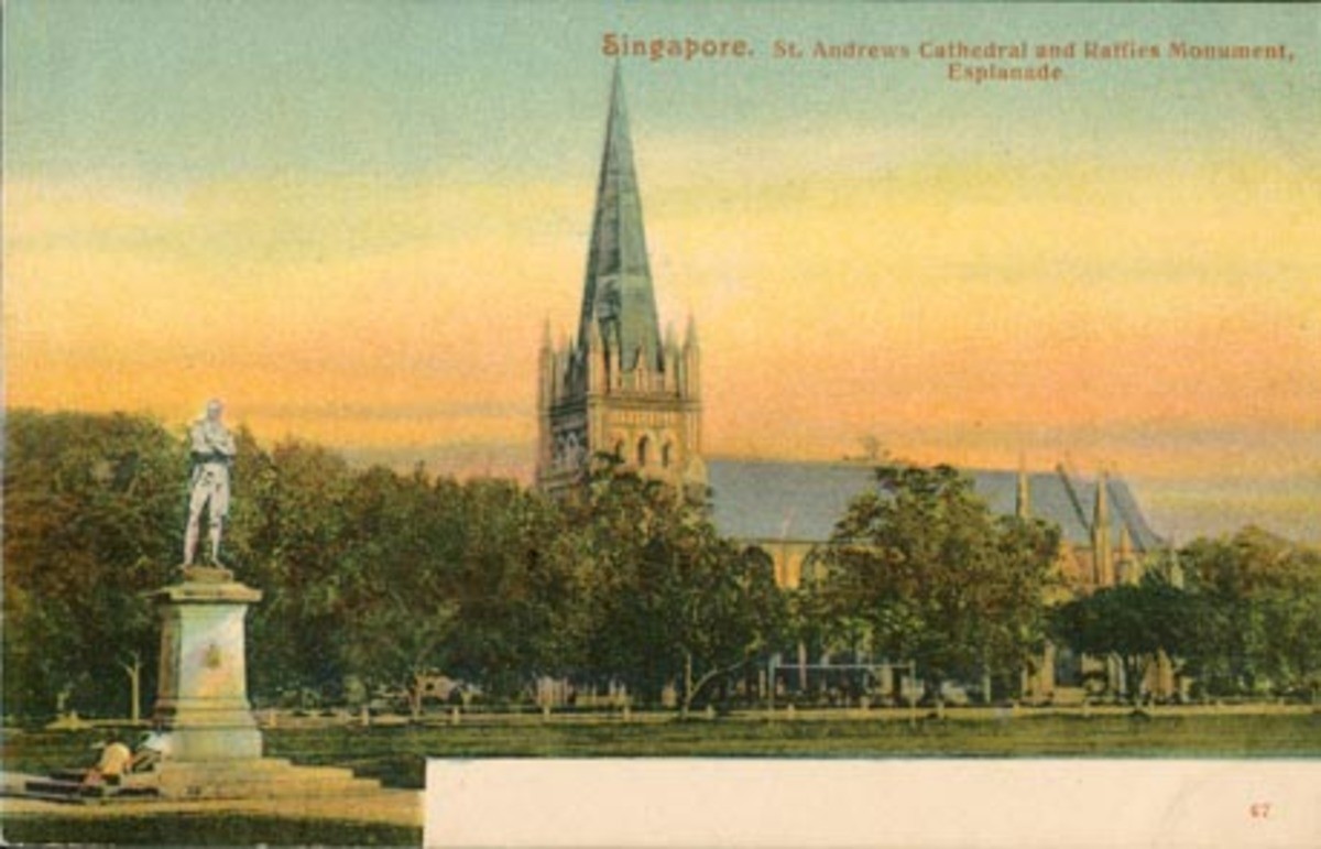 St. Andrews Cathedral and Raffles Monument, Esplanade.