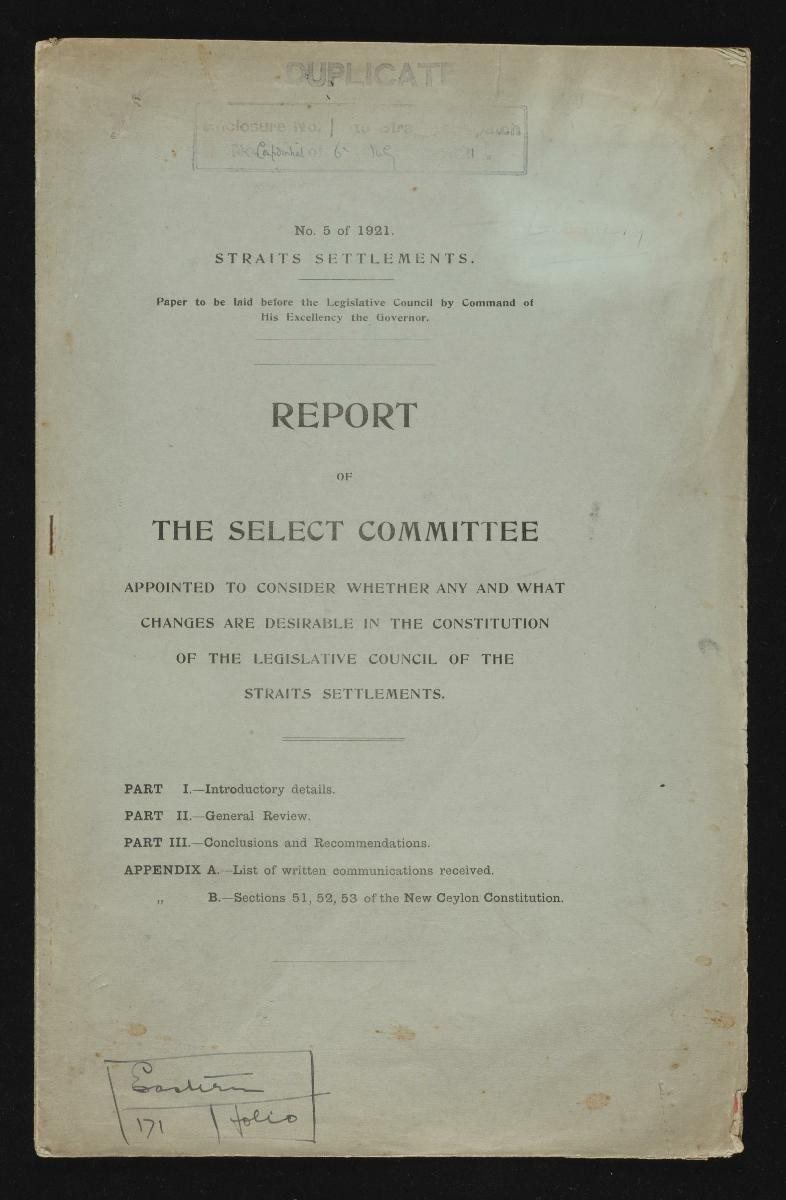 Report of the Select Committee on the Constitution of the Legislative Council of the Straits Settlements, No 5 of 1921 (1st Edition)