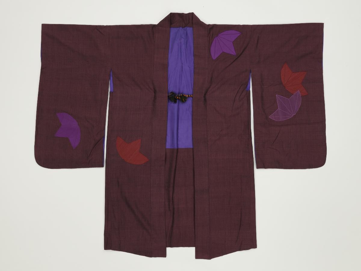 Mid-length dark purple kimono, of made-in-Singapore ‘Khersonese’ silk, with autumn leaf motif