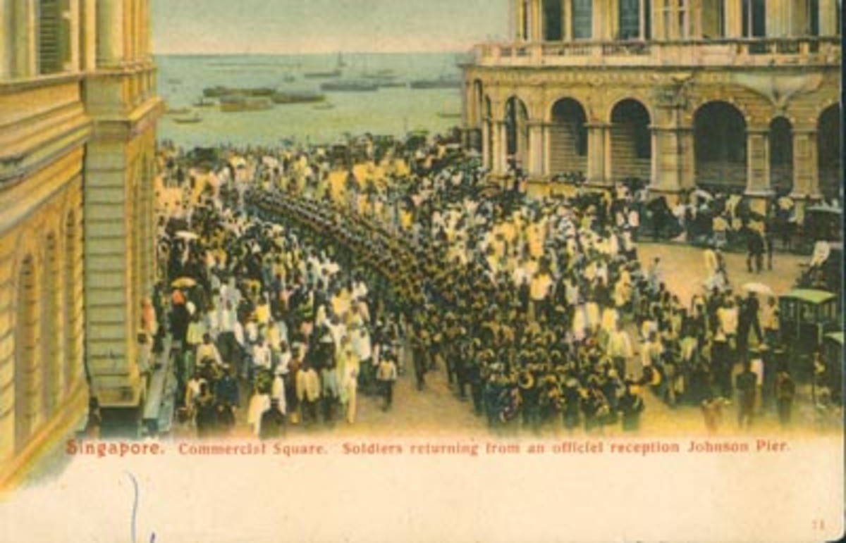 Commerical Square. Soliders returning from an official reception Johnson Pier.