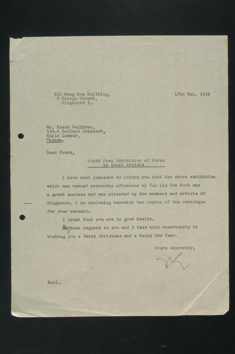 Letter from Ho Kok Hoe, President of the Singapore Art Society, to Frank Sullivan