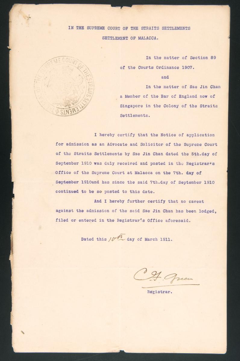 Registrar's certificate of the Supreme Court, Malacca for Sze Jin Chan