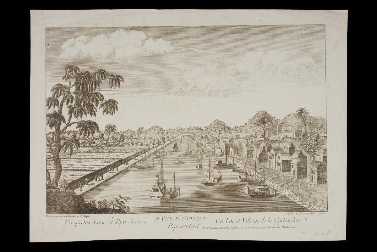 Vue d'optique representant un lac et village de la Cochinchine (Optical View Representing a Lake and a Village in Cochinchina)