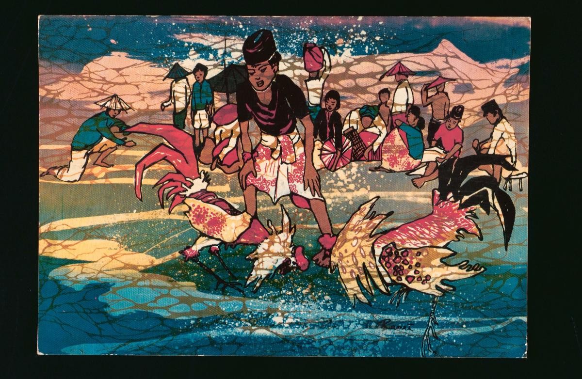 Batik painting depicting villagers watching a cockfight