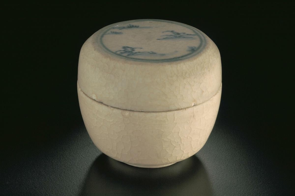 Blue and white covered box