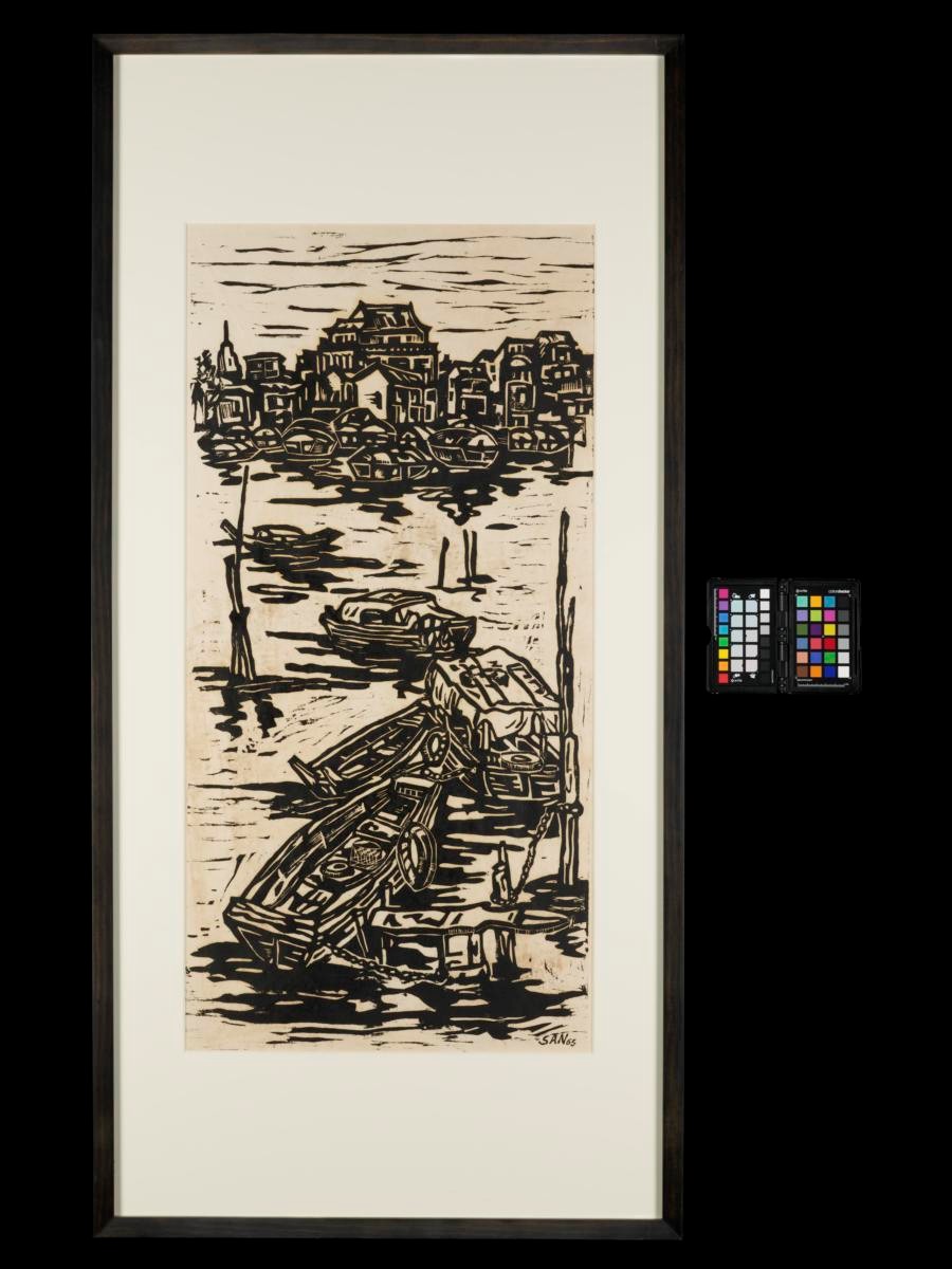 Woodblock print entitled 'Singapore River' by artist Foo Chee San