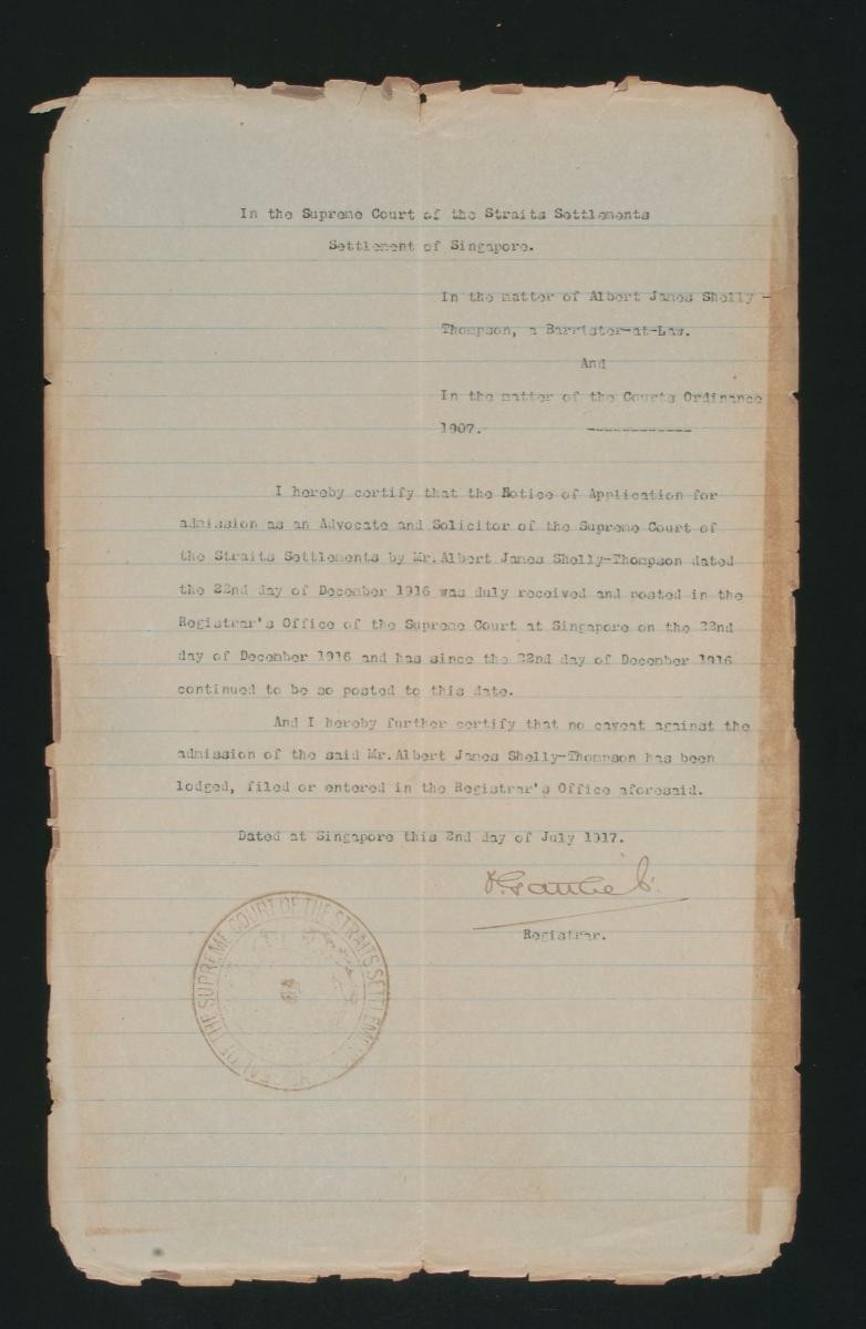 Registrar's certificate of the Supreme Court, Singapore for Albert James Shelley-Thompson