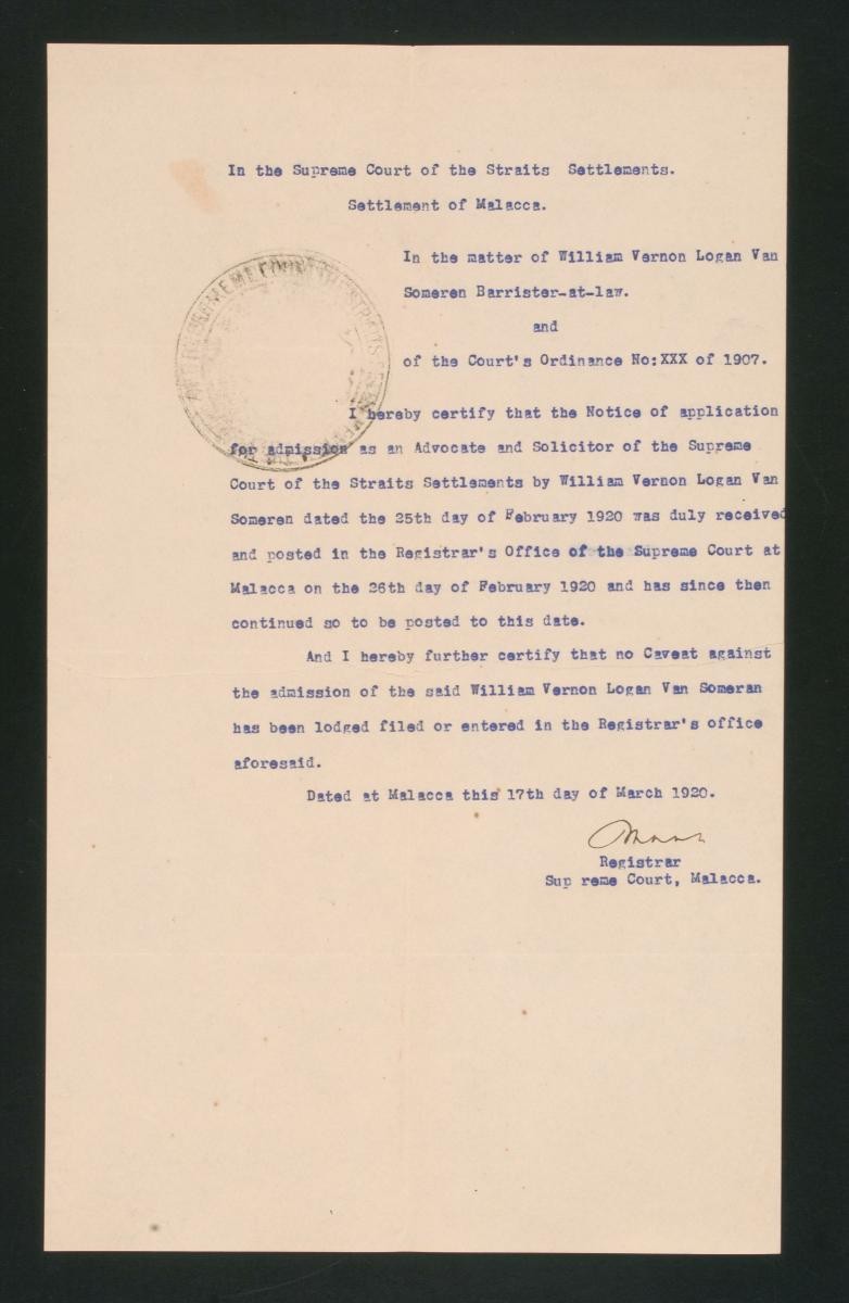 Registrar's certificate of the Supreme Court, Malacca for William Vernon Logan Van Someren