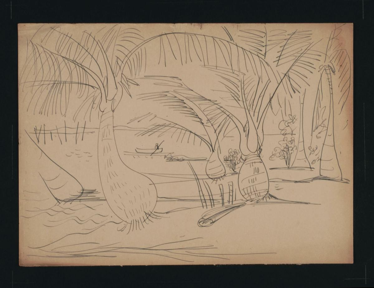 Untitled (Through Palm Trees, Man on Boat)