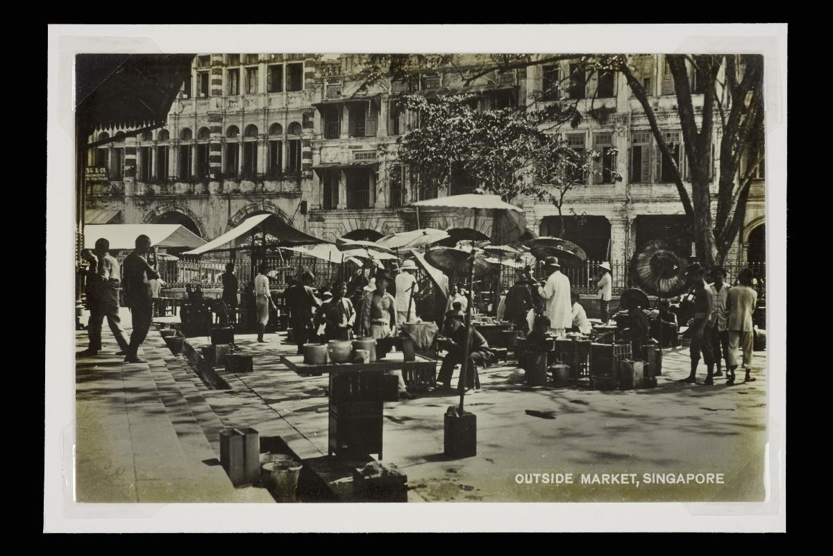 Postcard showing street hawkers