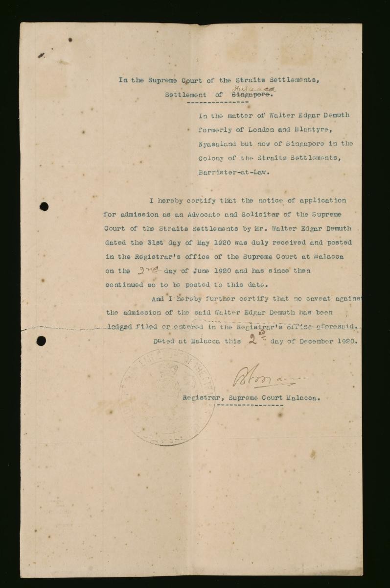 Registrar's certificate of the Supreme Court, Malacca for Walter Edgar Demuth