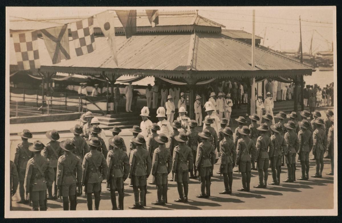 Postcard showing His Royal Highness the Prince of Wales inspecting troops at the Tanglin Barracks
