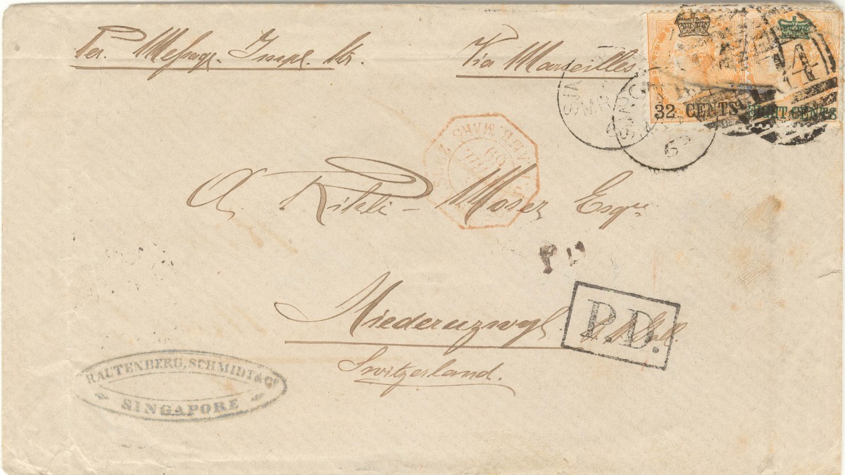 Cover sent to Switzerland on 1869, 6 Mar, with 8-cent surcharge on Queen Victoria 2-anna orange stamp and 32-cent surcharge on 2-anna yellow stamp.
