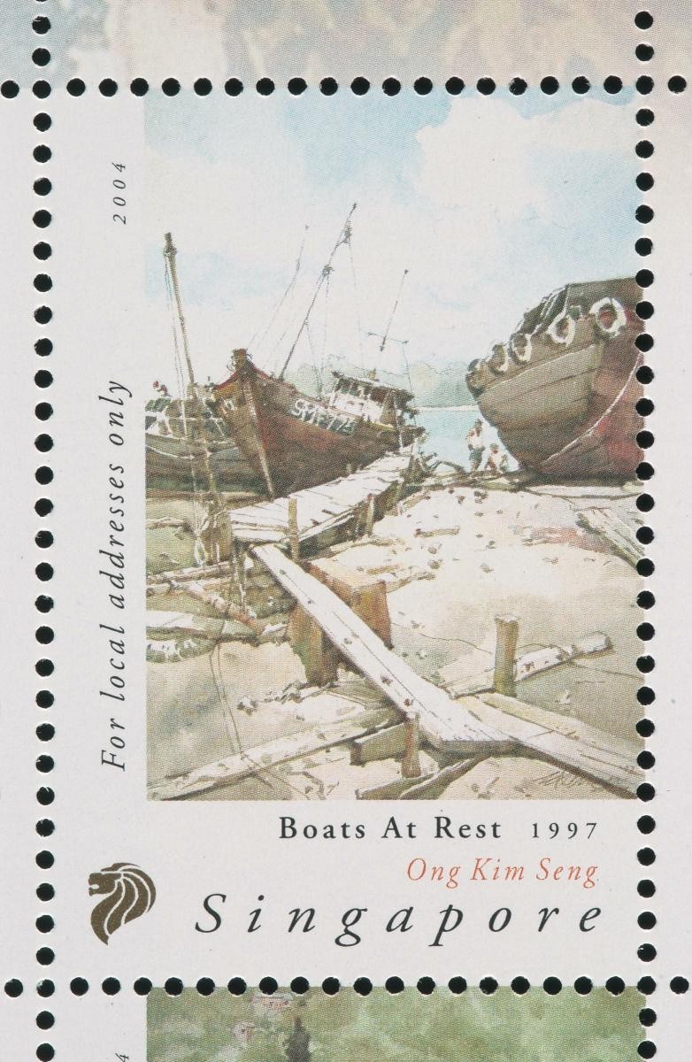 A stamp featuring ‘Boats at Rest, 1997’ by Ong Kim Seng