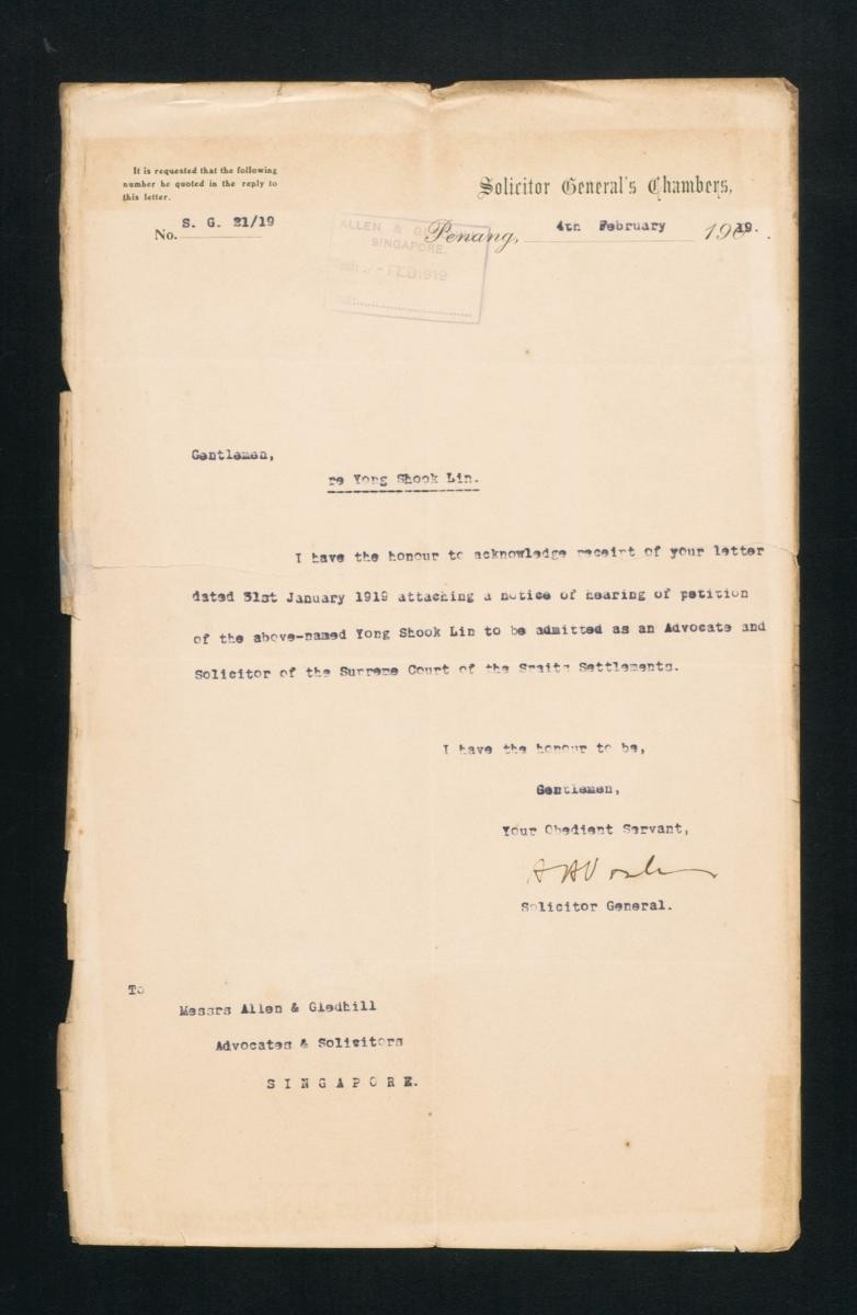 Letter from the Solicitor General to Allen & Gledhill