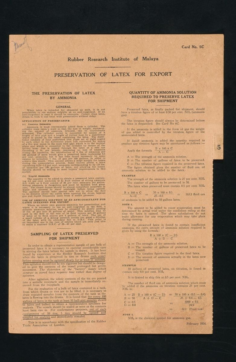 Information card from the Rubber Research Institute of Malaya