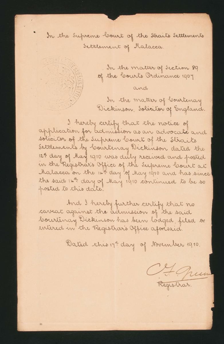 Registrar's certificate from the Supreme Court, Malacca for Courtenay Dickinson
