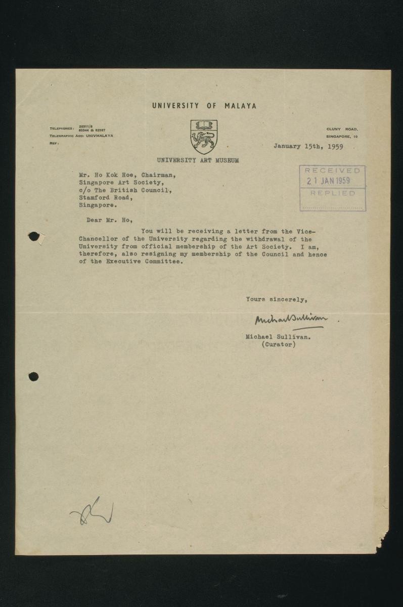 Letter from Michael Sullivan, Curator at the University of Malaya Art Museum, to Ho Kok Hoe, President of the Singapore Art Society